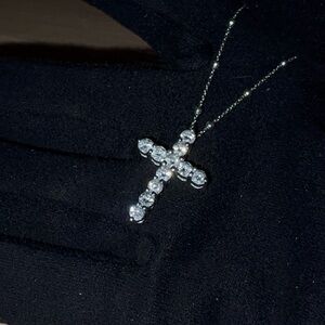 Elegant 14KT WHITE GOLD & DIAMOND Cross Pendant Necklace